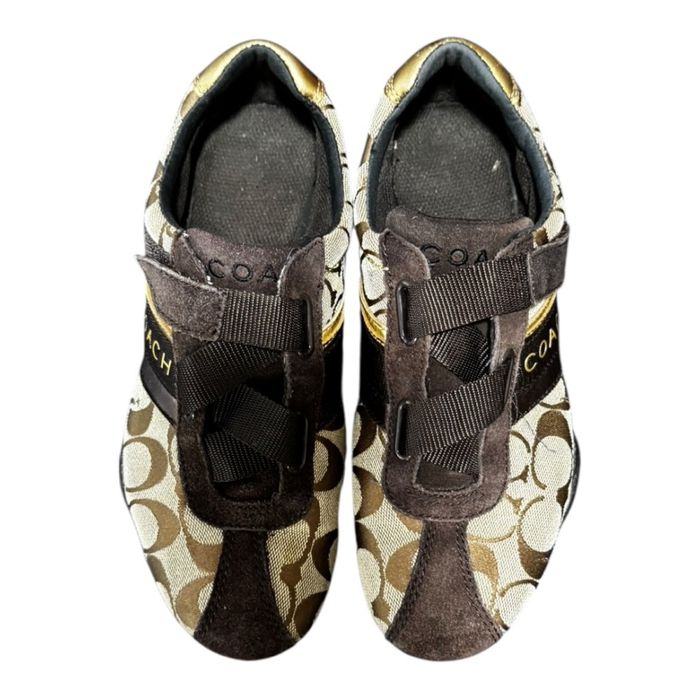 Coach Signature Monogram Sneakers Brown/Gold Velcro Strap Size 7 - Picture 2 of 11